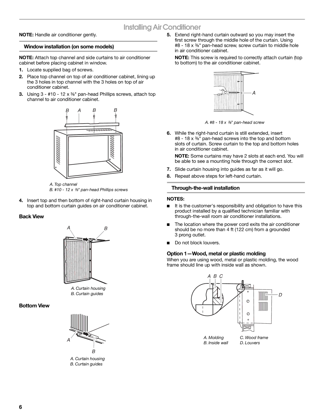 Whirlpool ACC082XR0 manual Installing Air Conditioner, Back View, Bottom View, Option 1-Wood, metal or plastic molding 