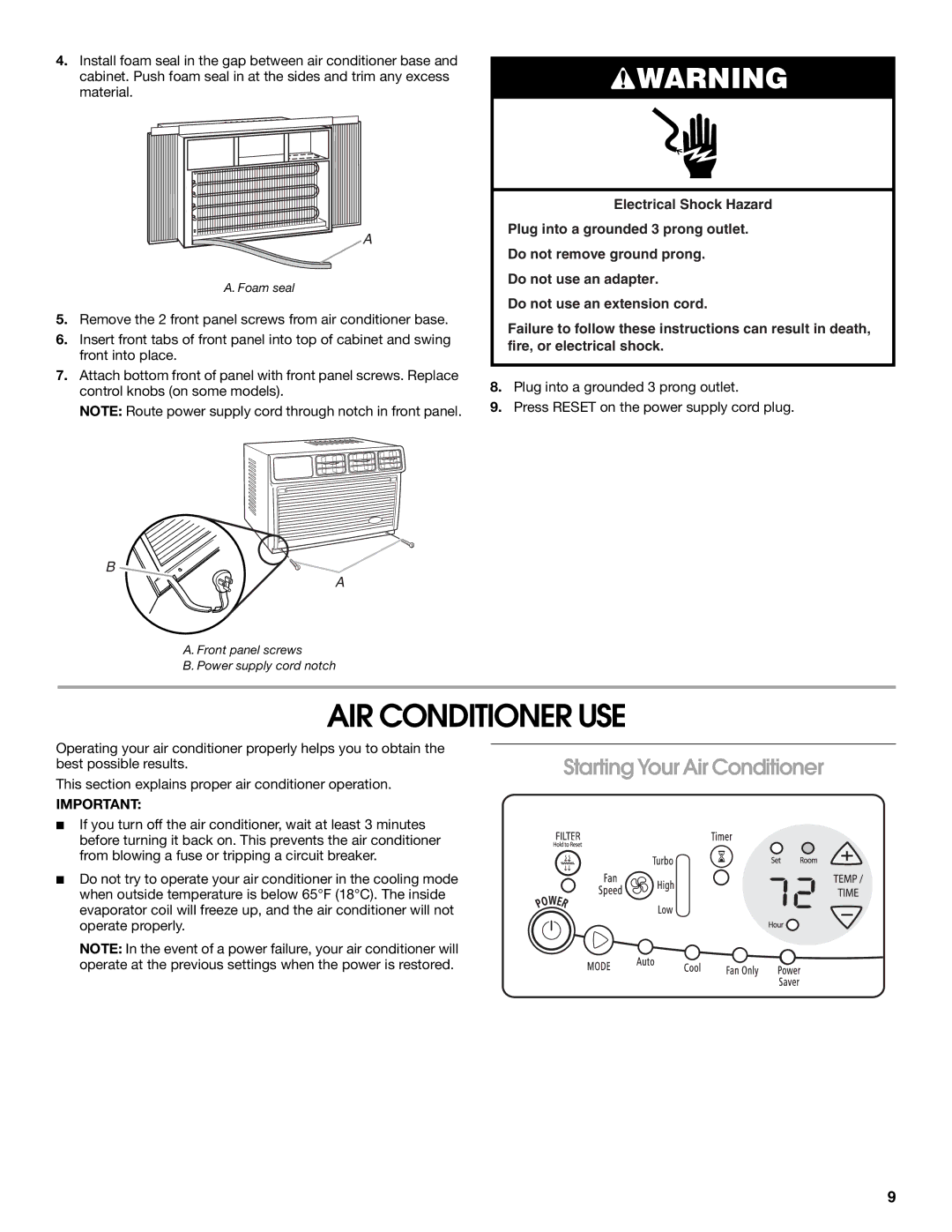 Whirlpool ACC082XR0 manual AIR Conditioner USE, Starting Your Air Conditioner 