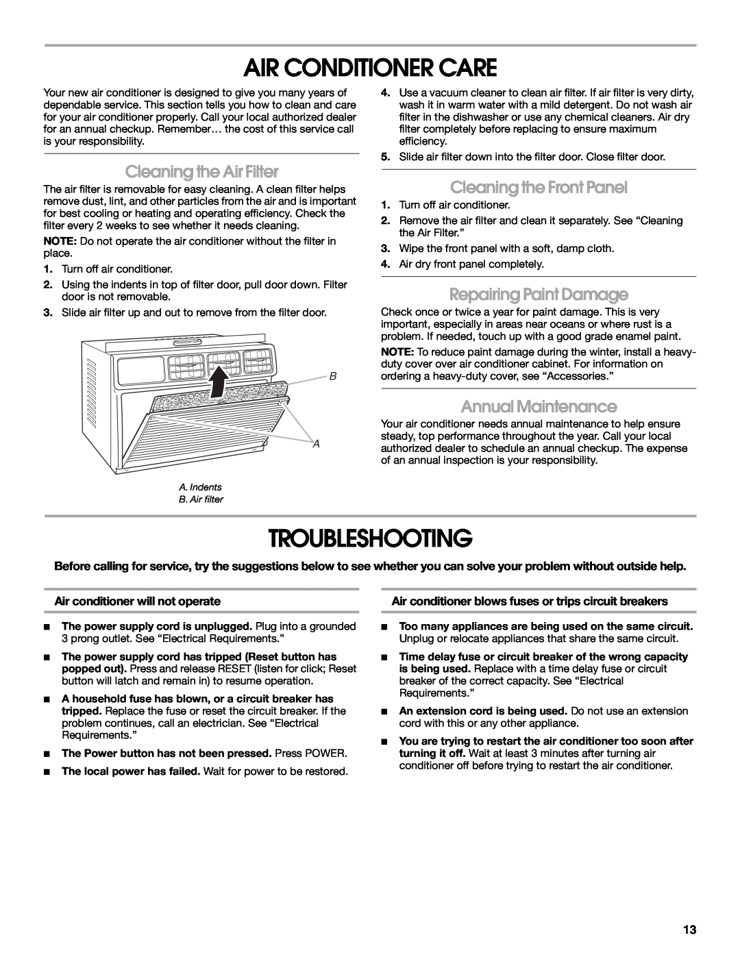 Whirlpool ACC082XR0 manual Air Conditioner Care, Troubleshooting, Cleaning the Air Filter, Cleaning the Front Panel 