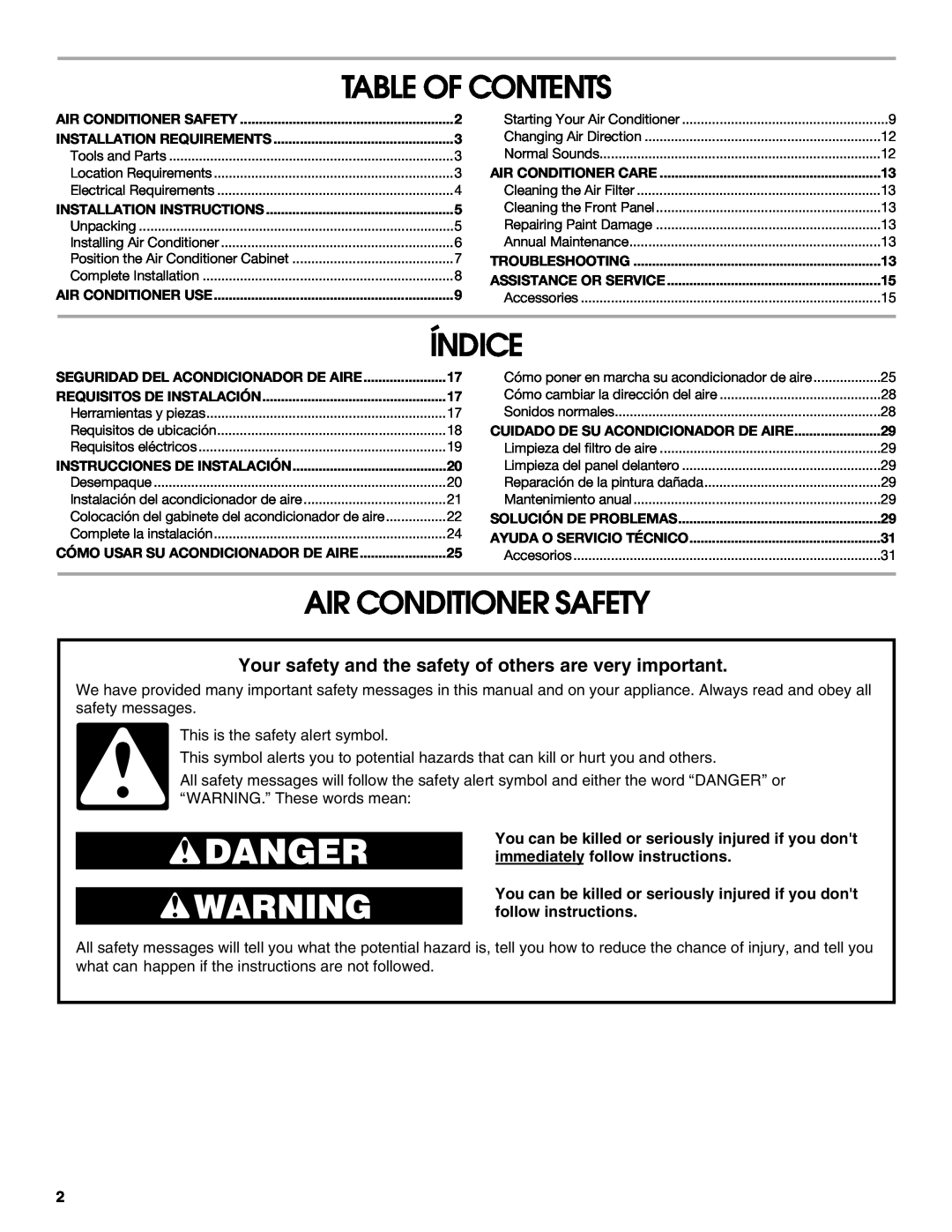 Whirlpool ACC082XR0 manual Table Of Contents, Índice, Air Conditioner Safety 