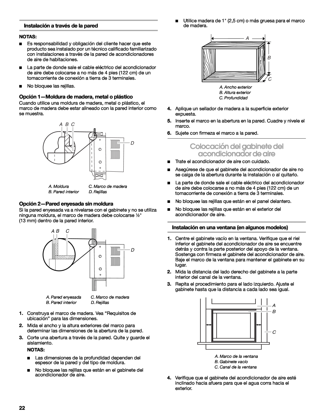 Whirlpool ACC082XR0 manual Colocación del gabinete del, acondicionador de aire, Opción 1-Moldurade madera, metal o plástico 