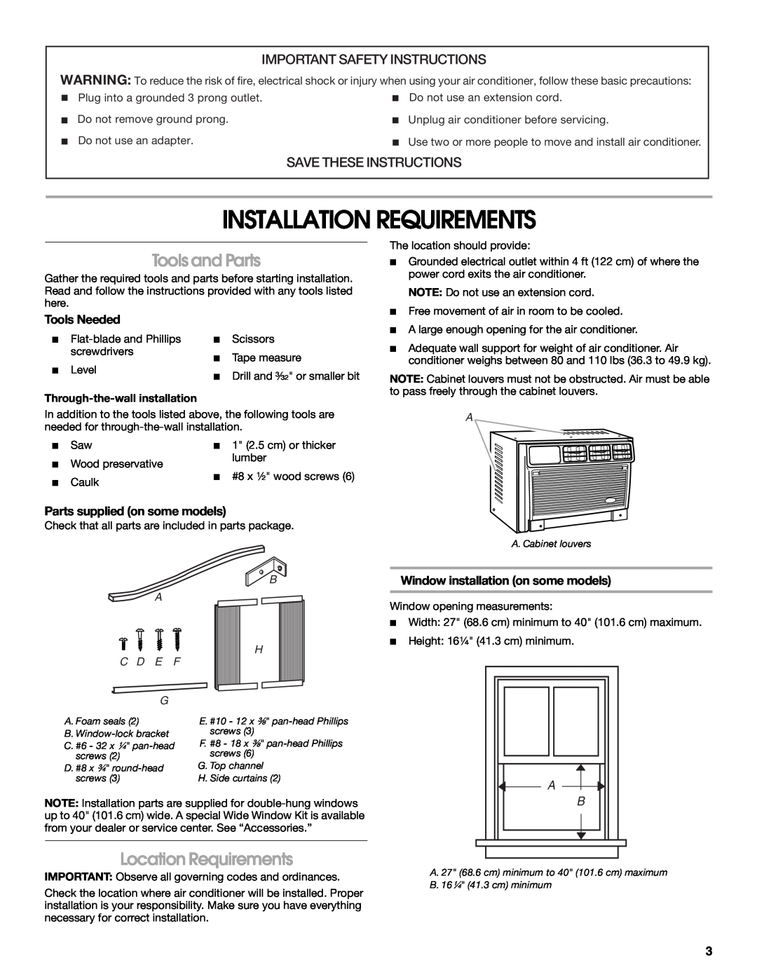 Whirlpool ACC082XR0 manual Installation Requirements, Tools and Parts, Location Requirements, Important Safety Instructions 