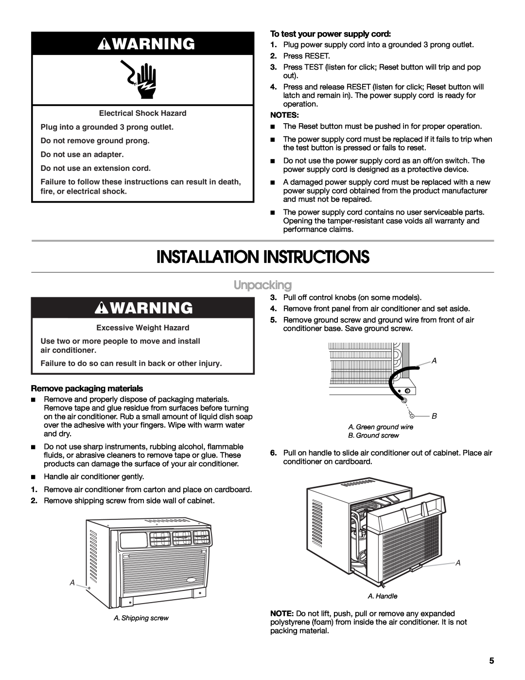 Whirlpool ACC082XR0 manual Installation Instructions, Unpacking, To test your power supply cord, Remove packaging materials 