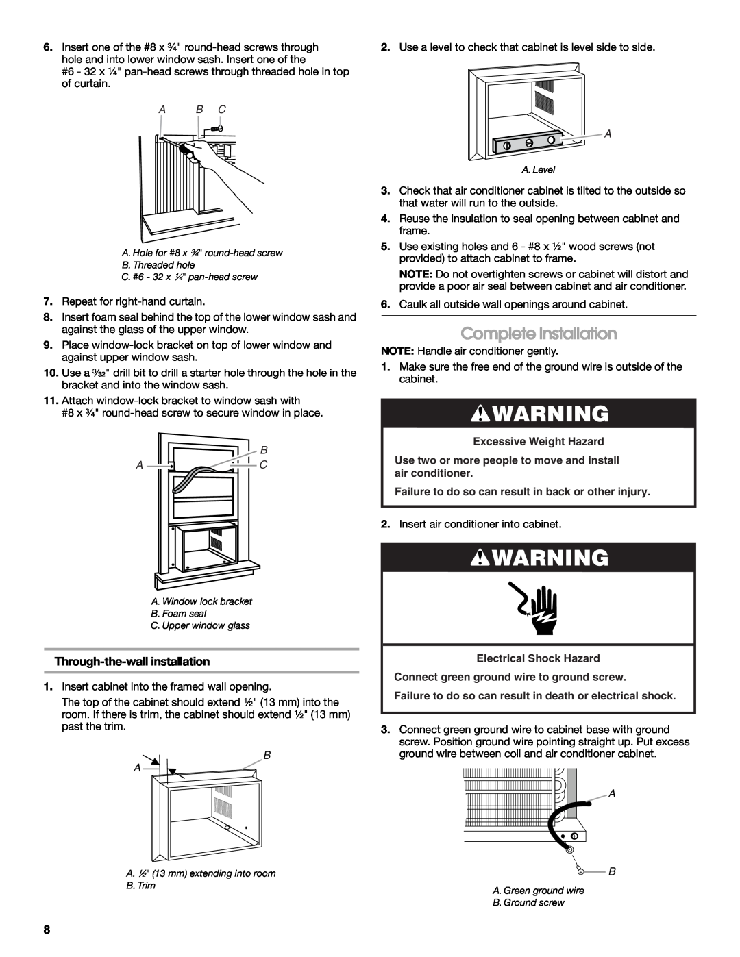 Whirlpool ACC082XR0 manual Complete Installation, Through-the-wallinstallation, A B C, B A C, Excessive Weight Hazard 