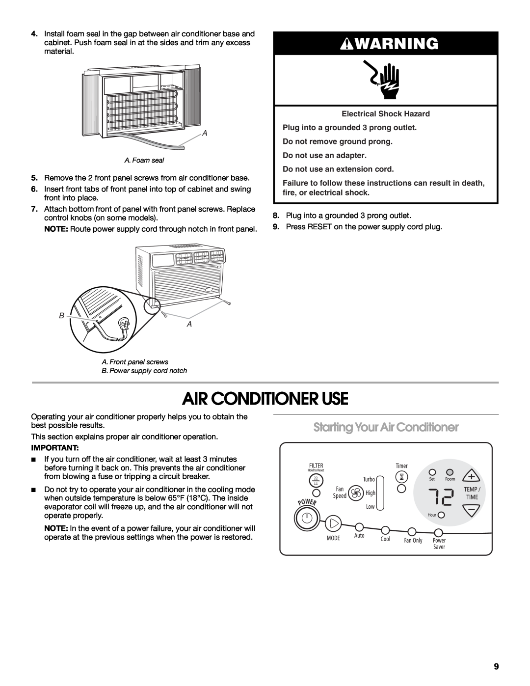 Whirlpool ACC082XR0 manual Air Conditioner Use, Starting Your Air Conditioner, Electrical Shock Hazard 