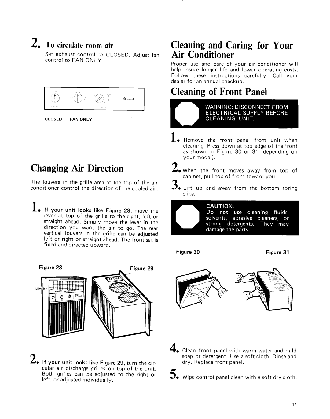 Whirlpool ACC602XP0 manual ChangingAir Direction, Cleaningand Caring fdr Your Air Conditioner, Cleaningof Front Panel 