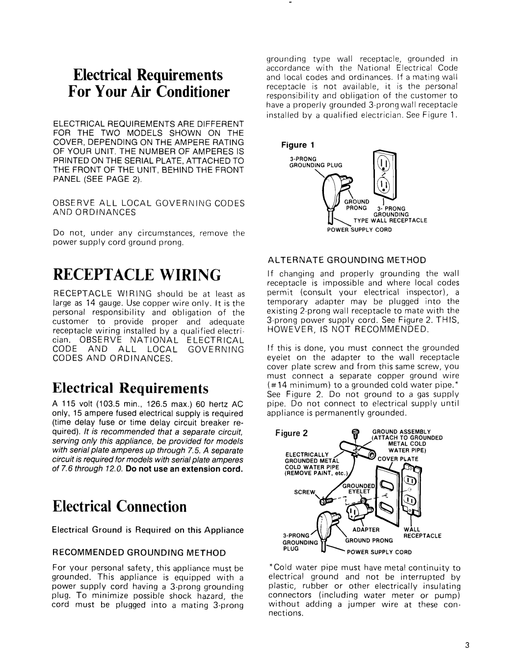 Whirlpool ACC602XP0 manual Electrical Connection, Electrical Requirements For Your Air Conditioner 