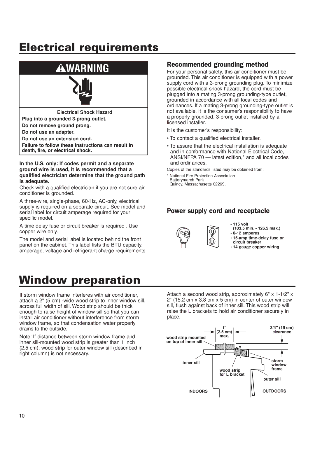 Whirlpool ACD052PK0 installation instructions Electrical requirements, Window preparation 