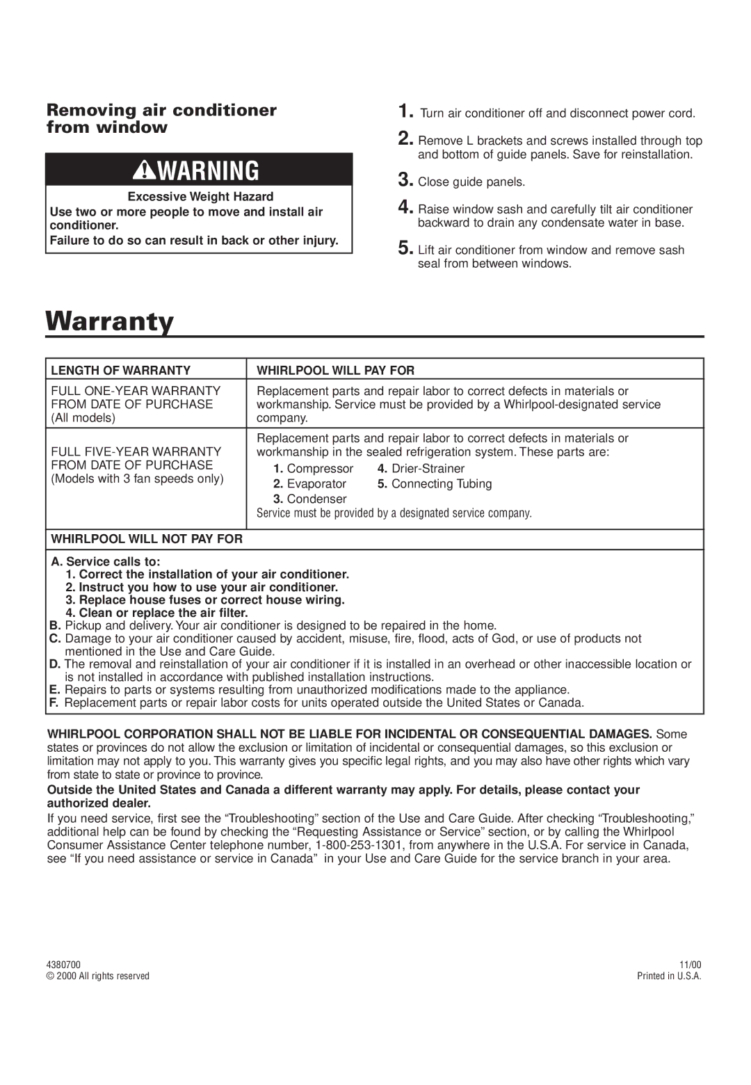 Whirlpool ACD052PK0 installation instructions Length of Warranty Whirlpool will PAY for, Whirlpool will not PAY for 