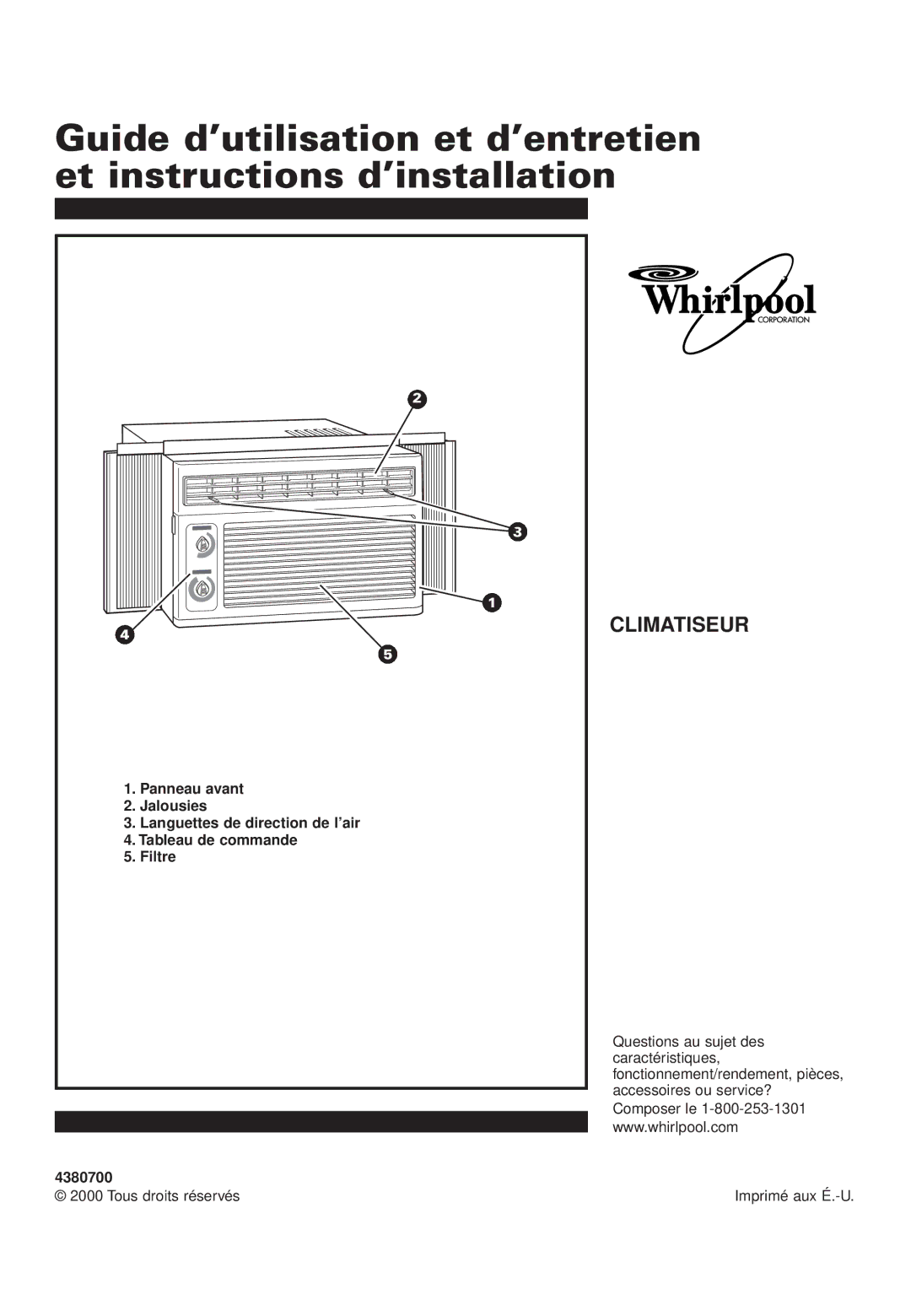 Whirlpool ACD052PK0 Panneau avant, Jalousies, Languettes de direction de l’air, Tableau de commande, Filtre 