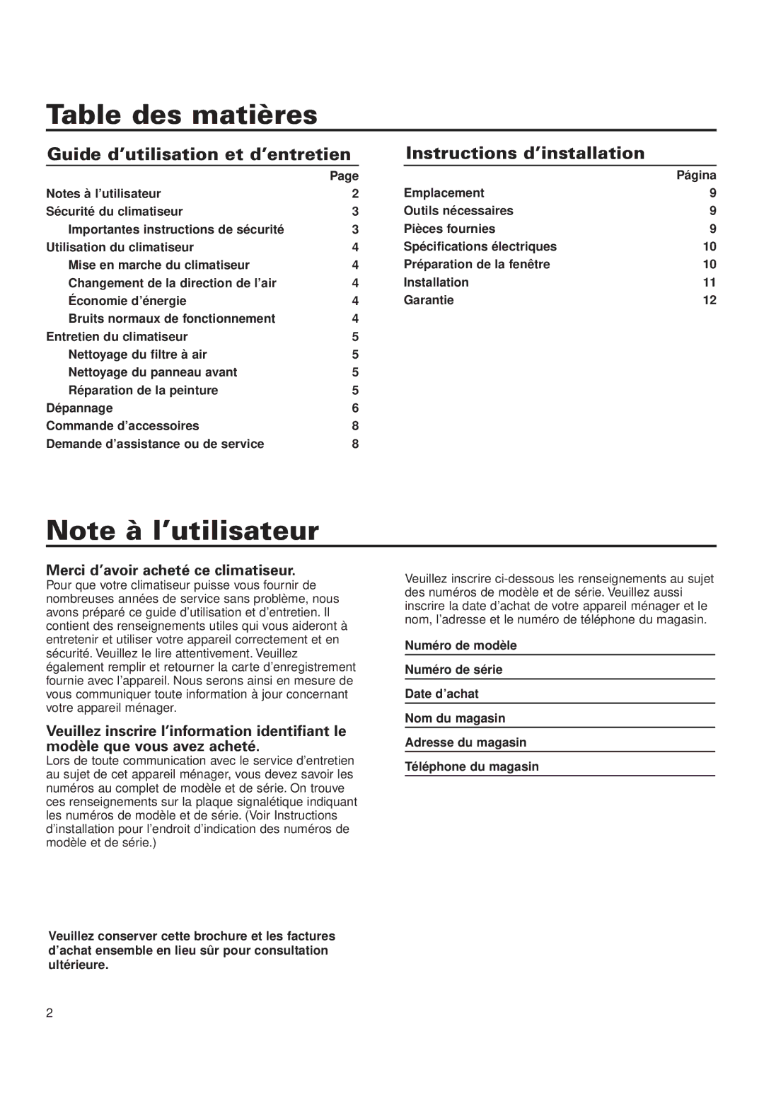 Whirlpool ACD052PK0 installation instructions Table des matières, Merci d’avoir acheté ce climatiseur, Página 