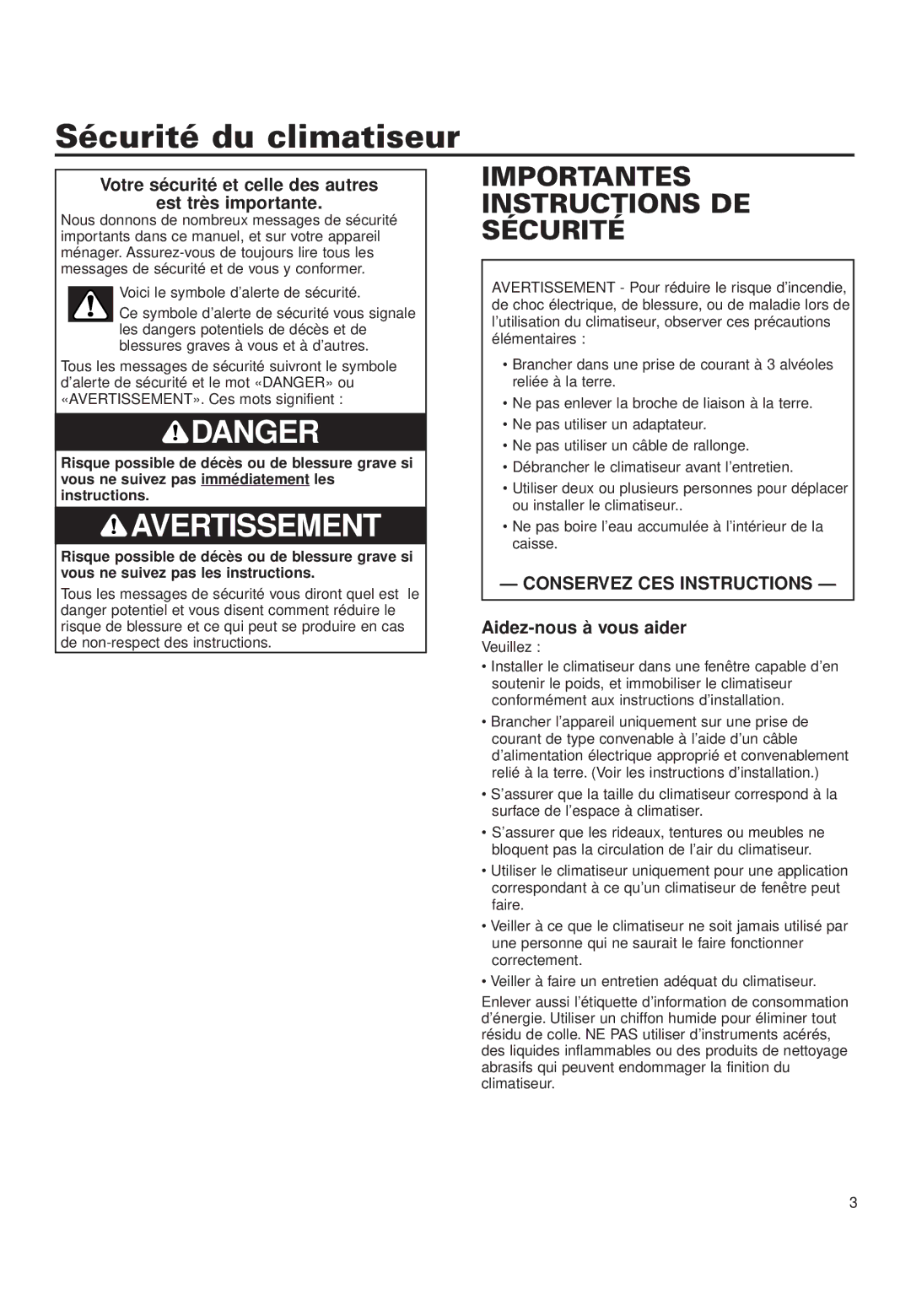 Whirlpool ACD052PK0 Sécurité du climatiseur, Votre sécurité et celle des autres Est très importante 