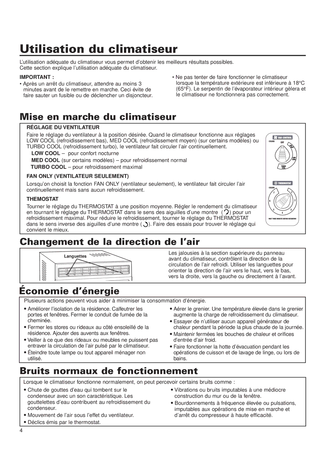 Whirlpool ACD052PK0 Utilisation du climatiseur, Mise en marche du climatiseur, Changement de la direction de l’air 