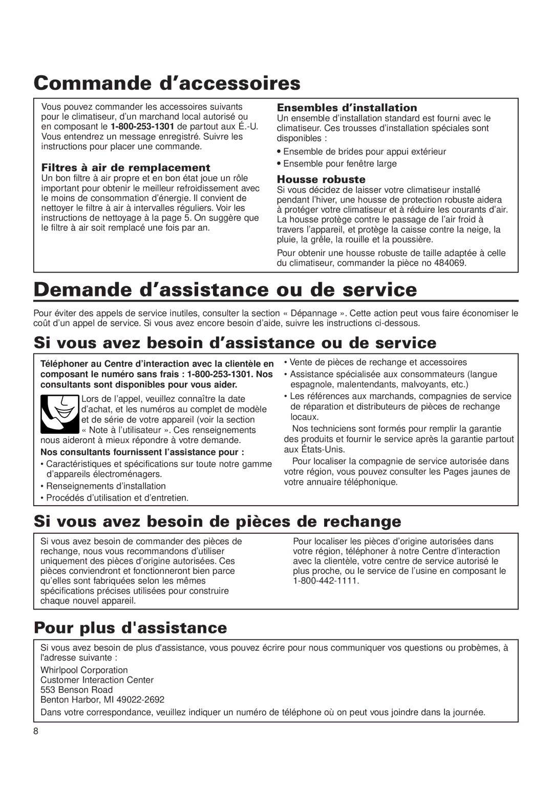 Whirlpool ACD052PK0 Commande d’accessoires, Demande d’assistance ou de service, Si vous avez besoin de pièces de rechange 