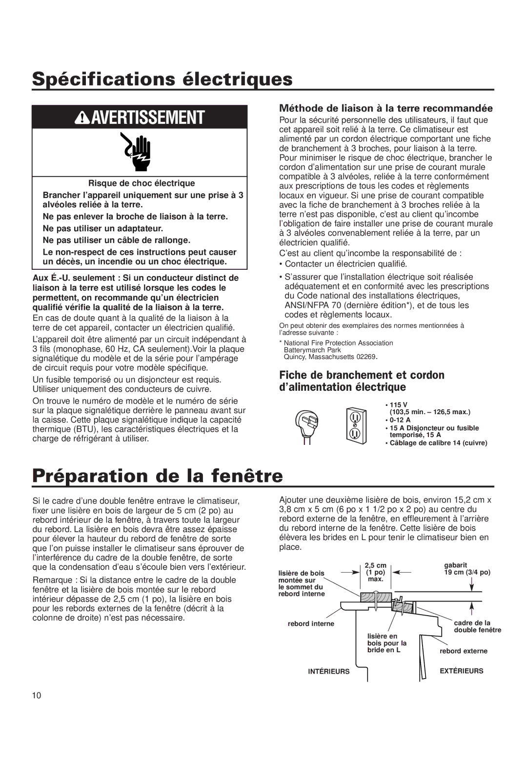 Whirlpool ACD052PK0 Spécifications électriques, Préparation de la fenêtre, Méthode de liaison à la terre recommandée 