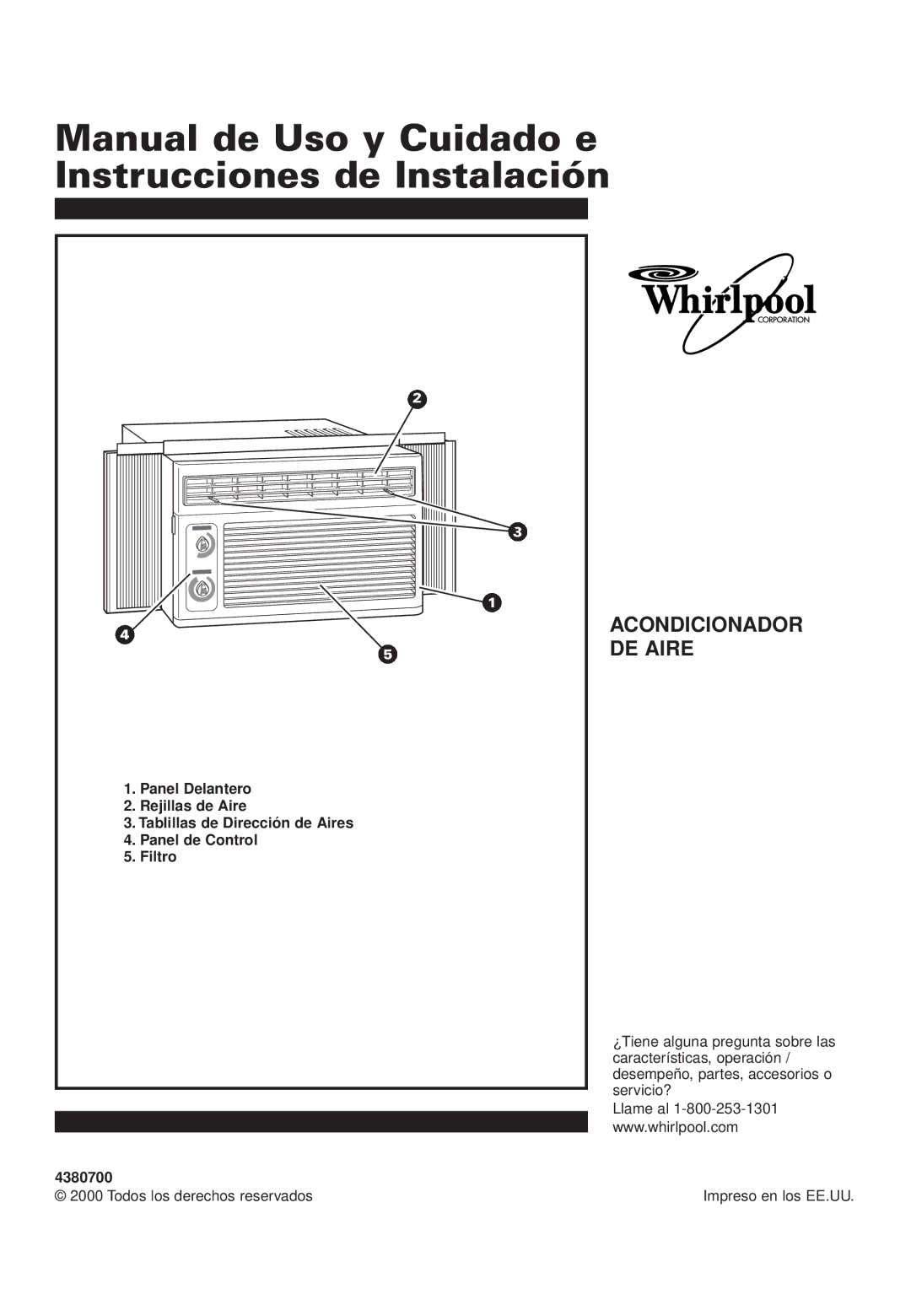 Whirlpool ACD052PK0 Panel Delantero, Rejillas de Aire, Tablillas de Dirección de Aires, Panel de Control, Filtro 