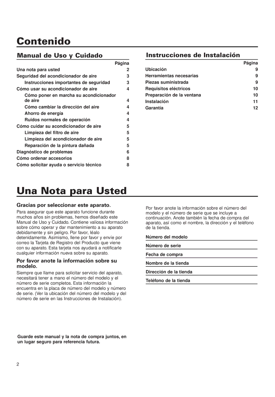 Whirlpool ACD052PK0 installation instructions Contenido, Una Nota para Usted, Gracias por seleccionar este aparato 