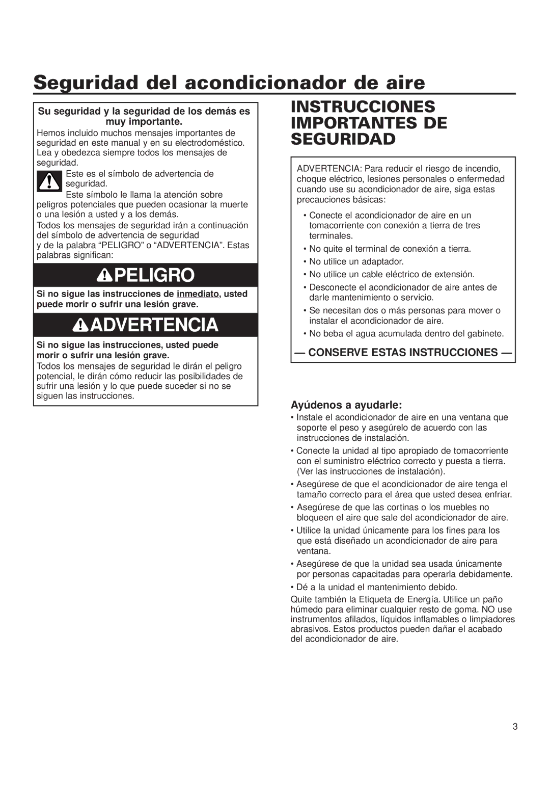 Whirlpool ACD052PK0 Seguridad del acondicionador de aire, Su seguridad y la seguridad de los demás es Muy importante 