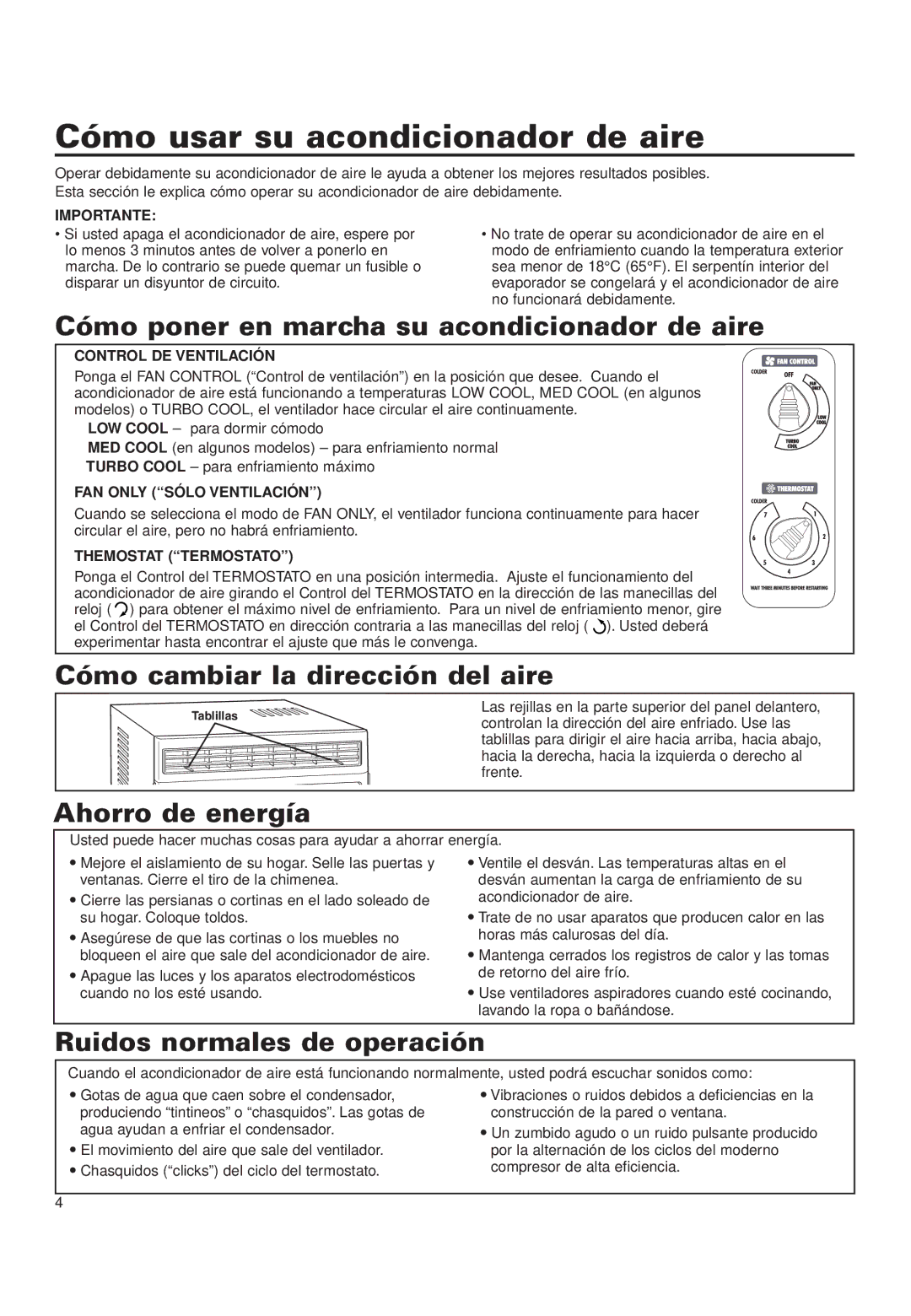 Whirlpool ACD052PK0 Cómo usar su acondicionador de aire, Cómo poner en marcha su acondicionador de aire, Ahorro de energía 