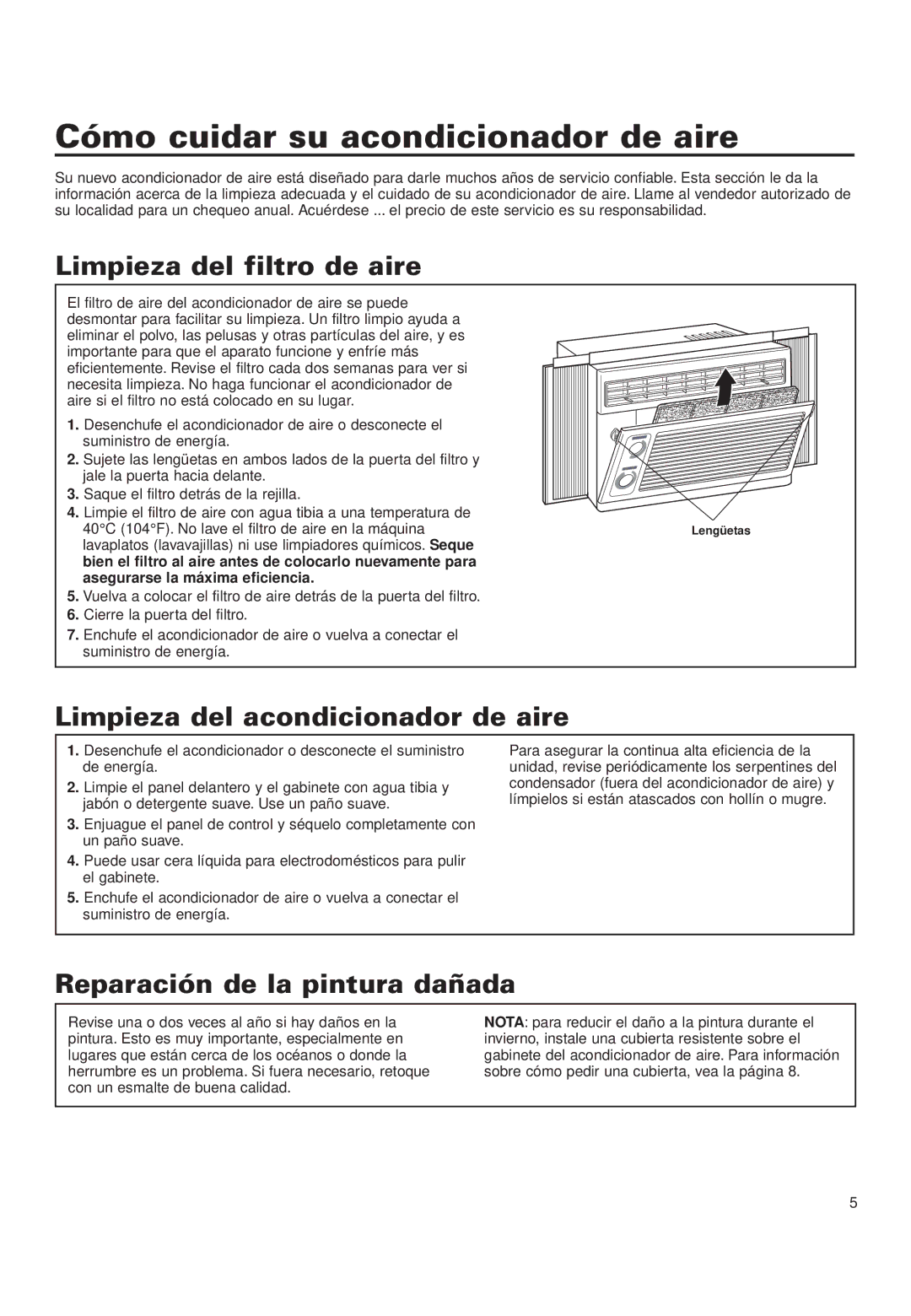 Whirlpool ACD052PK0 Cómo cuidar su acondicionador de aire, Limpieza del filtro de aire, Reparación de la pintura dañada 