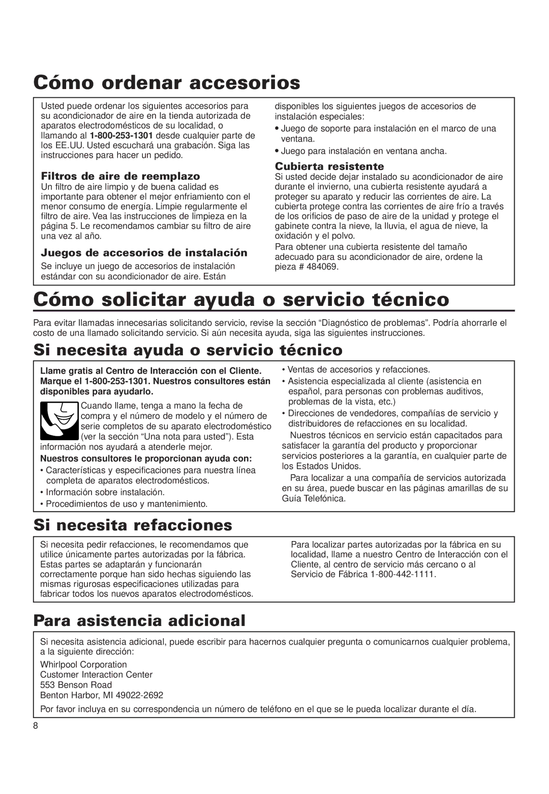 Whirlpool ACD052PK0 Cómo ordenar accesorios, Cómo solicitar ayuda o servicio técnico, Si necesita ayuda o servicio técnico 