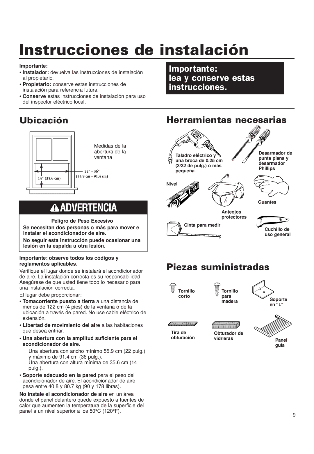 Whirlpool ACD052PK0 installation instructions Ubicación Herramientas necesarias, Piezas suministradas, Importante 