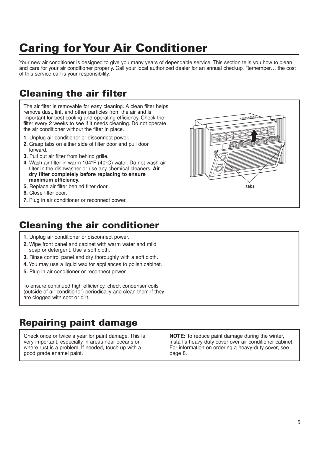 Whirlpool ACD052PK0 Caring for Your Air Conditioner, Cleaning the air filter, Cleaning the air conditioner 