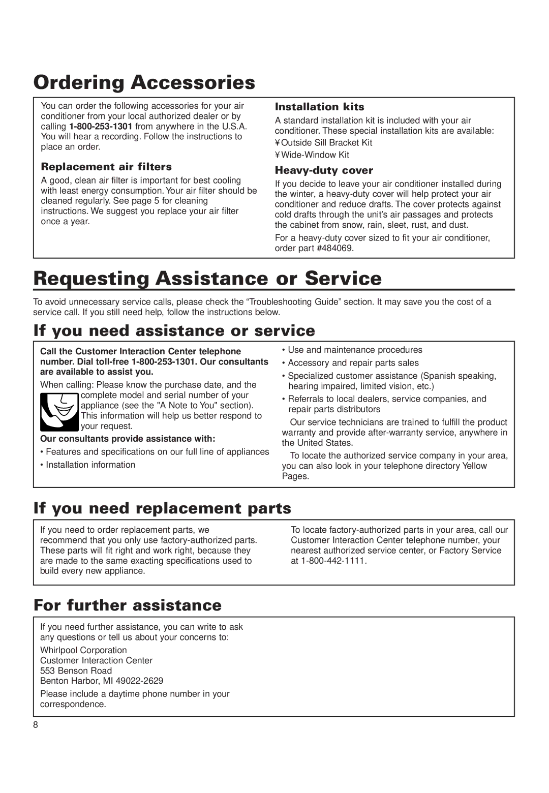 Whirlpool ACD052PK0 Ordering Accessories, Requesting Assistance or Service, If you need assistance or service 