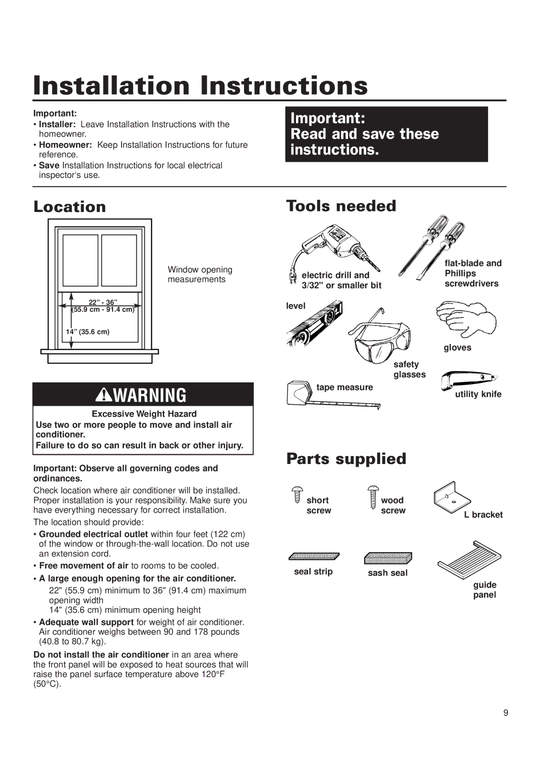 Whirlpool ACD052PK0 installation instructions Location, Tools needed, Parts supplied 