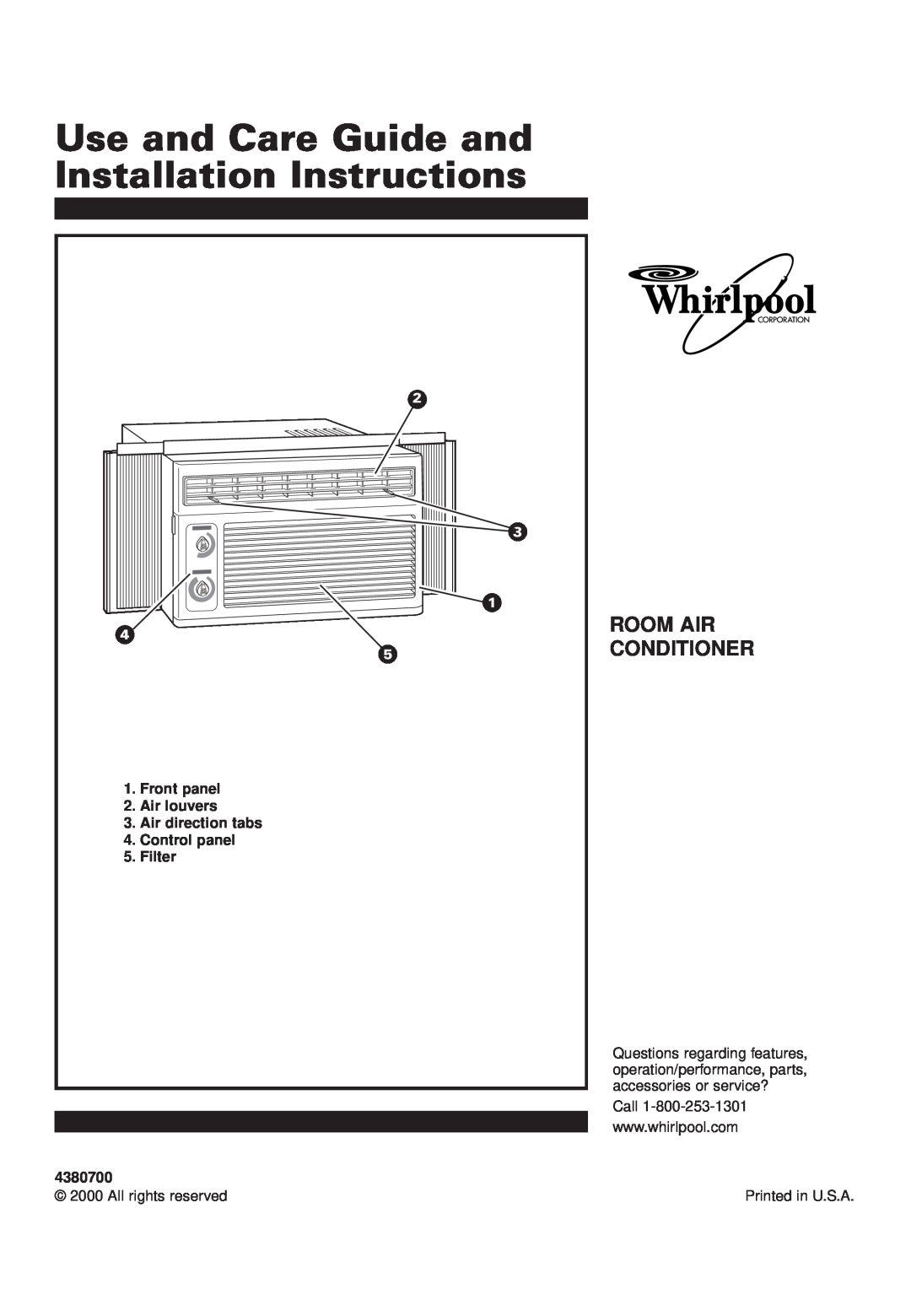 Whirlpool ACD052PK0 installation instructions Use and Care Guide and Installation Instructions, Room Air Conditioner 