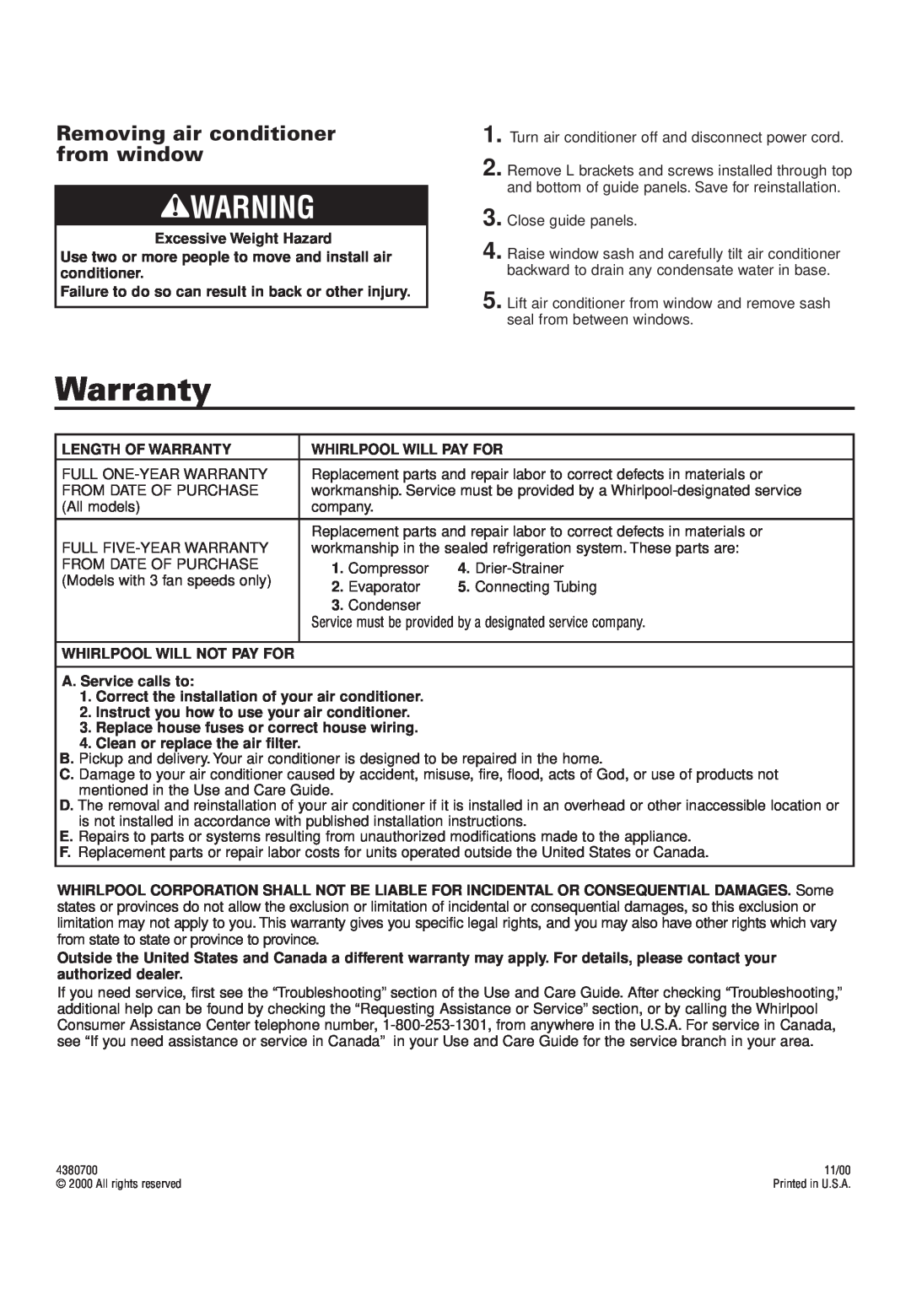 Whirlpool ACD052PK0 installation instructions Warranty, Removing air conditioner from window 