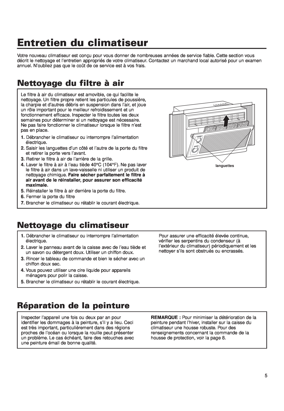 Whirlpool ACD052PK0 installation instructions Entretien du climatiseur, Nettoyage du filtre à air, Nettoyage du climatiseur 