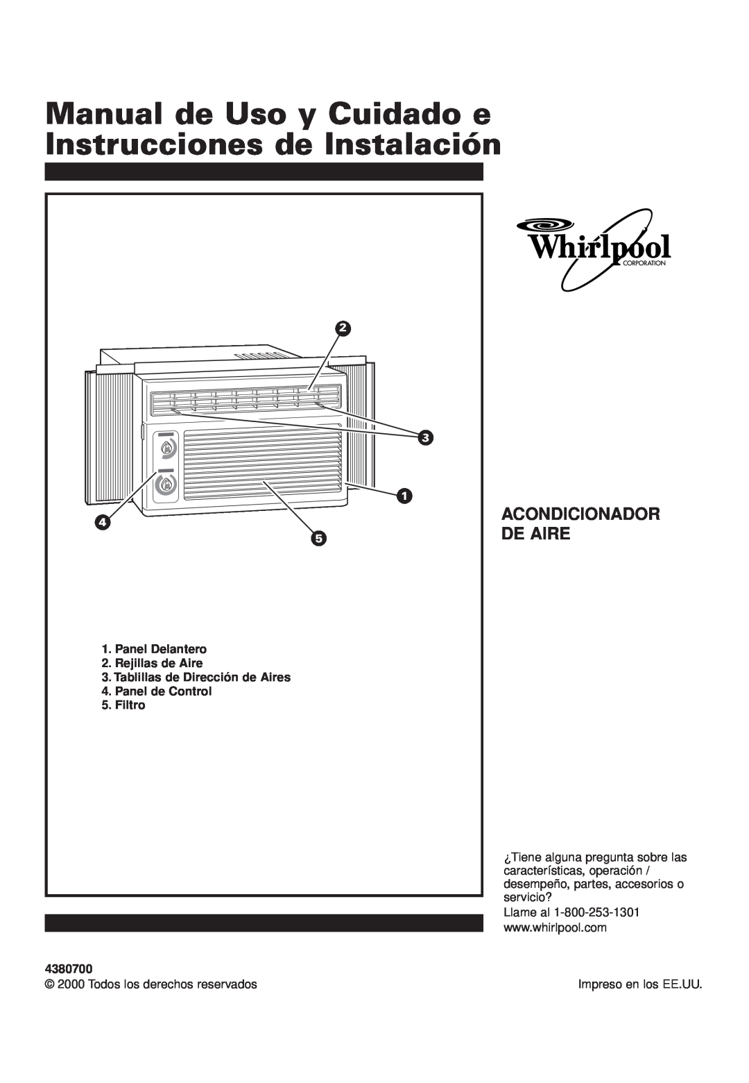 Whirlpool ACD052PK0 Acondicionador De Aire, Panel Delantero, Rejillas de Aire, Tablillas de Dirección de Aires, Filtro 