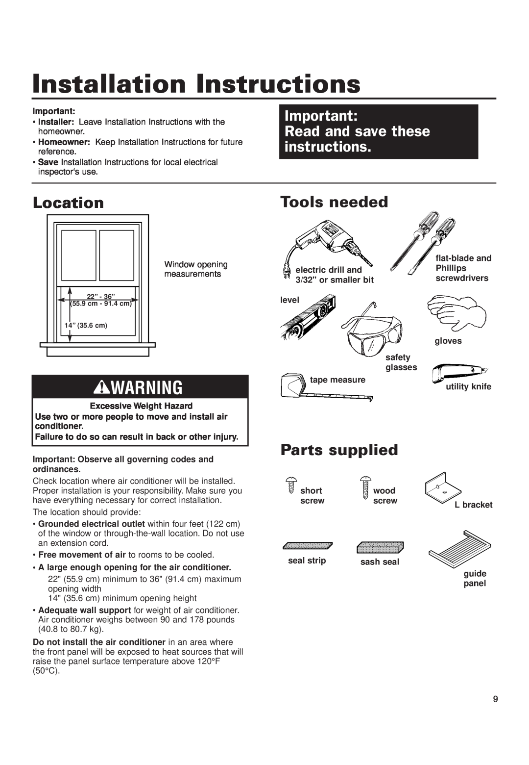 Whirlpool ACD052PK0 Installation Instructions, Read and save these instructions, Location, Tools needed, Parts supplied 