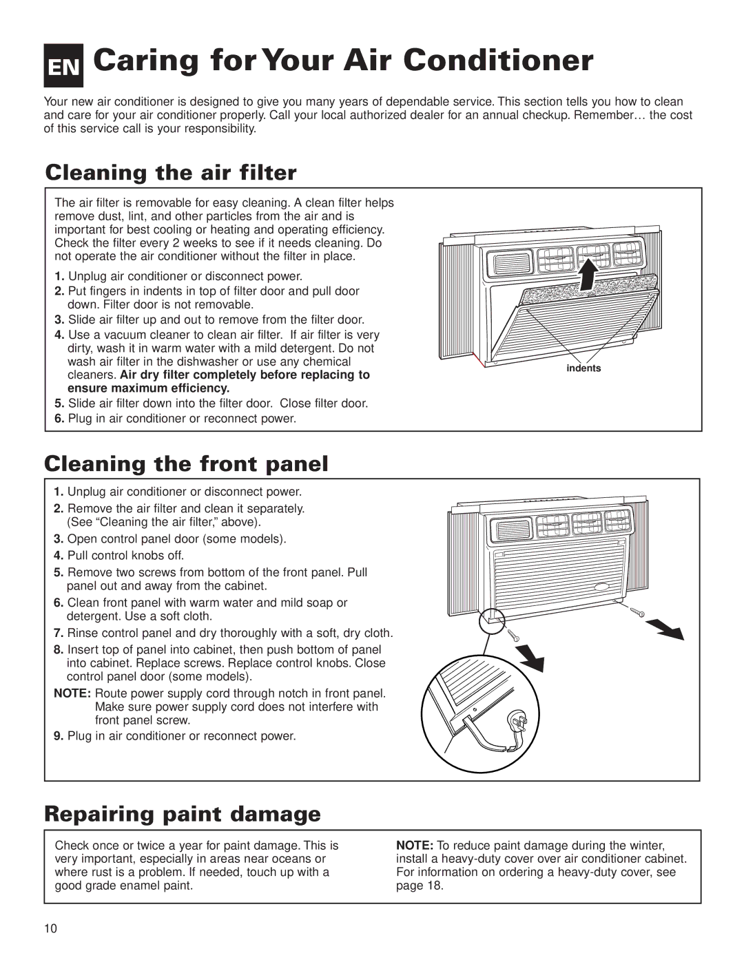 Whirlpool ACE082XH0 manual EN Caring for Your Air Conditioner, Cleaning the air filter, Cleaning the front panel 