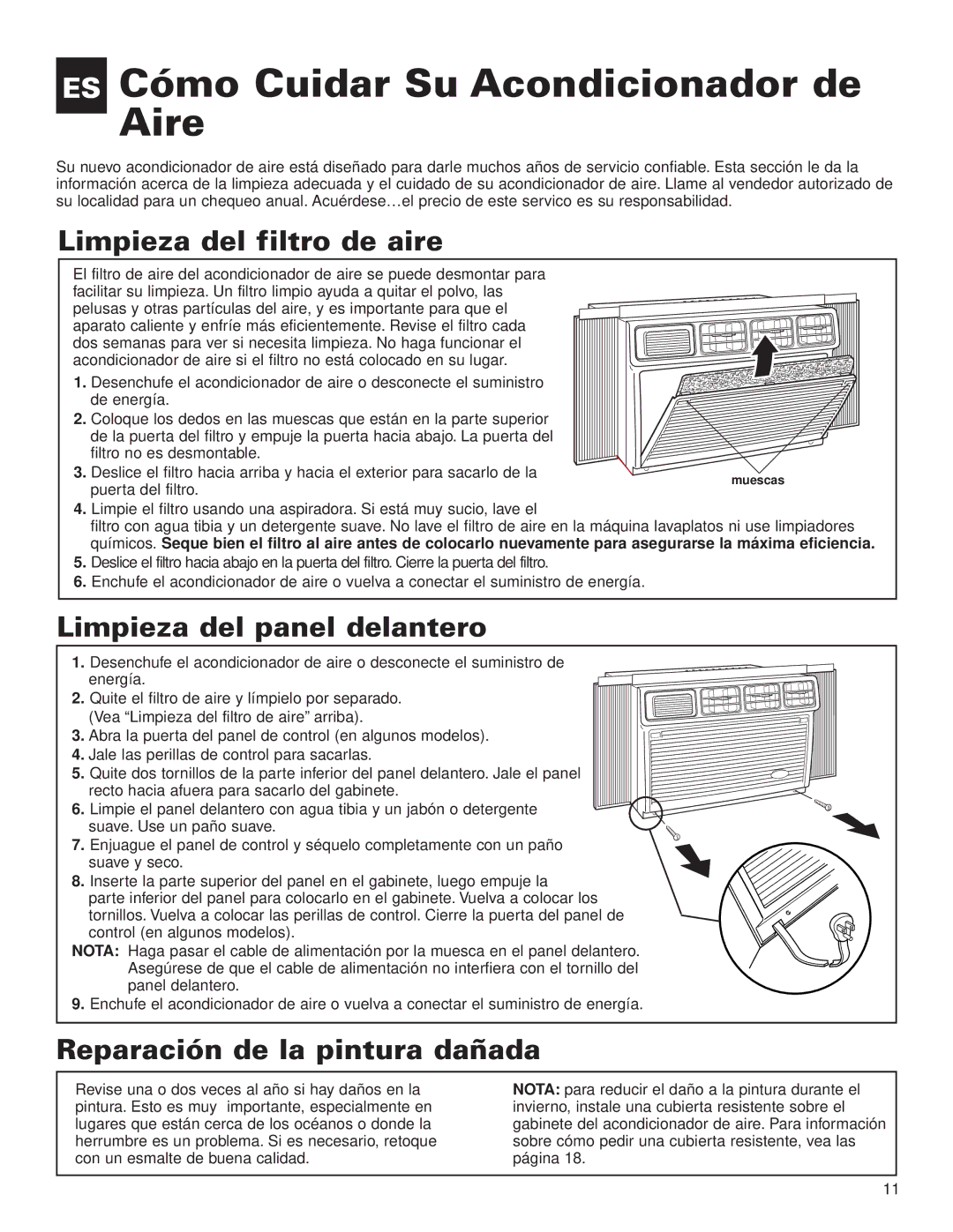 Whirlpool ACE082XH0 ES Cómo Cuidar Su Acondicionador de Aire, Limpieza del filtro de aire, Limpieza del panel delantero 