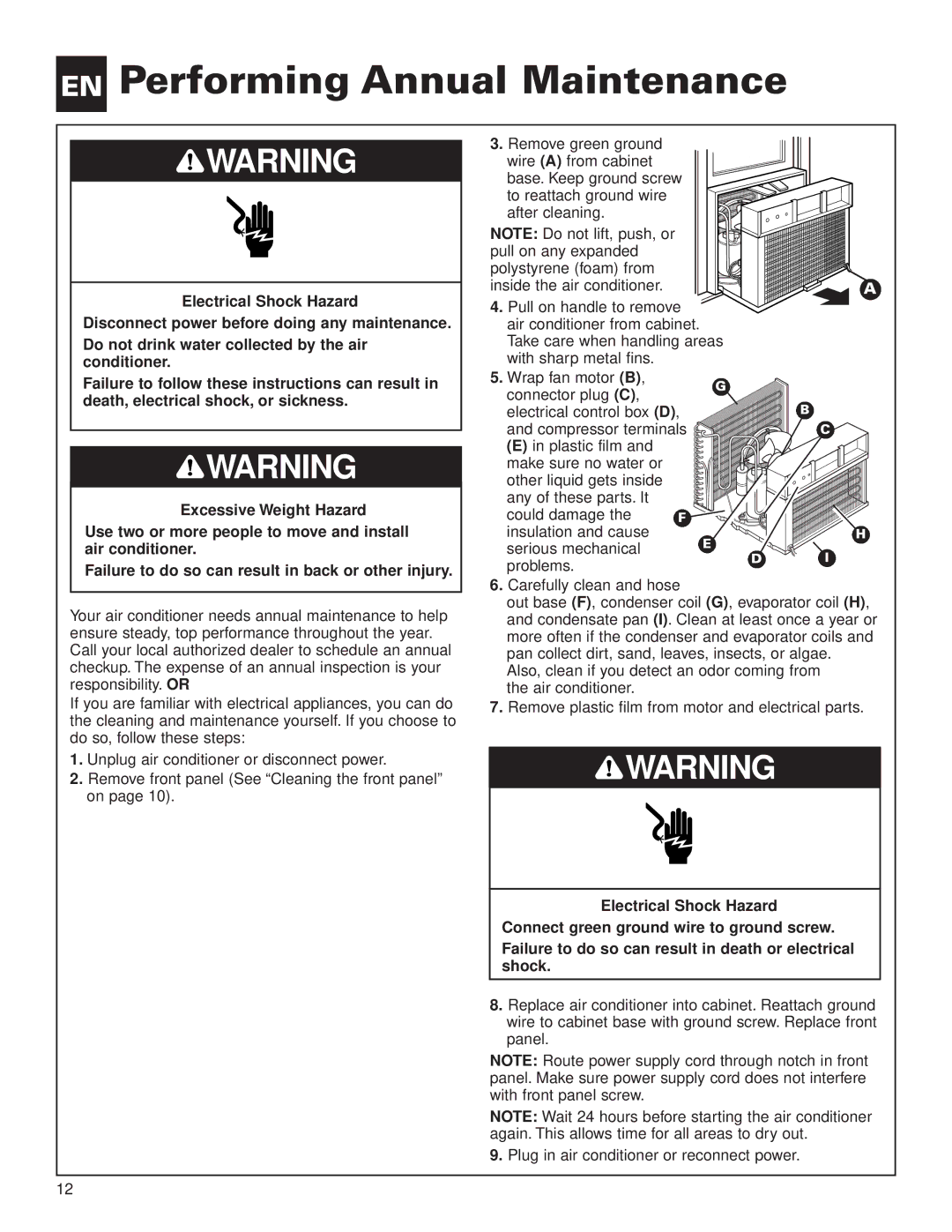 Whirlpool ACE082XH0 manual EN Performing Annual Maintenance 