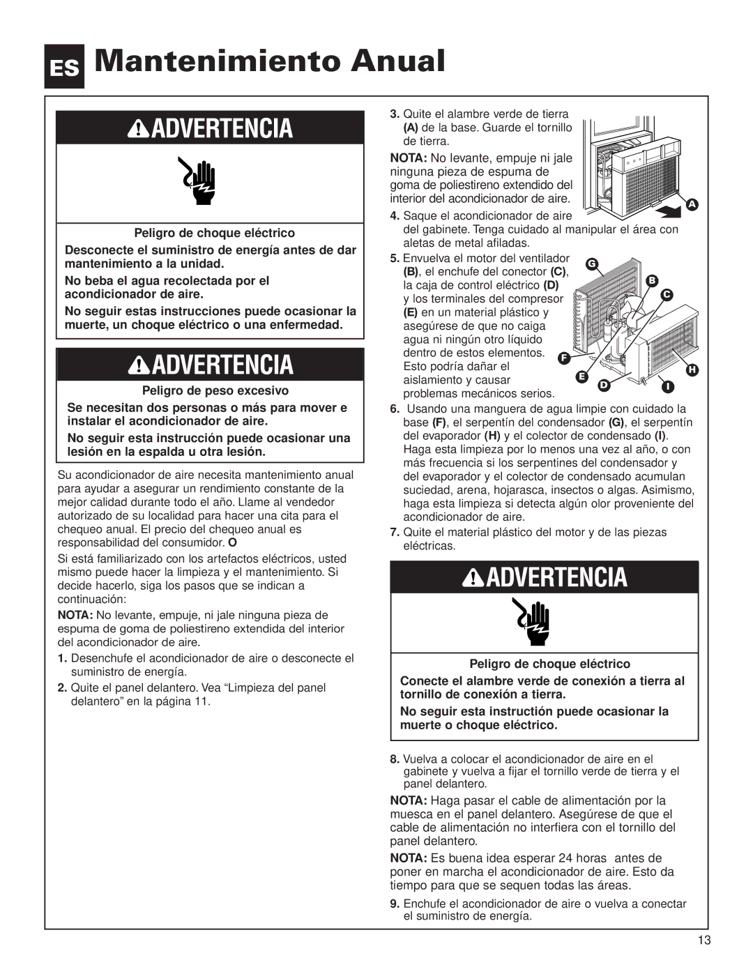 Whirlpool ACE082XH0 manual ES Mantenimiento Anual, Peligro de peso excesivo 