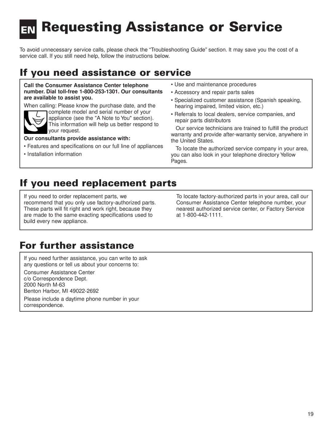 Whirlpool ACE082XH0 EN Requesting Assistance or Service, If you need assistance or service, If you need replacement parts 