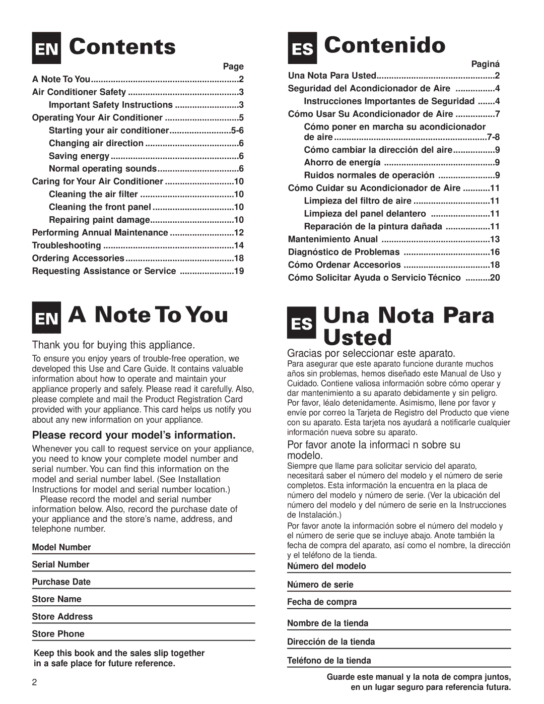 Whirlpool ACE082XH0 manual EN Contents, ES Contenido, EN a Note To You, ES Una Nota Para Usted 