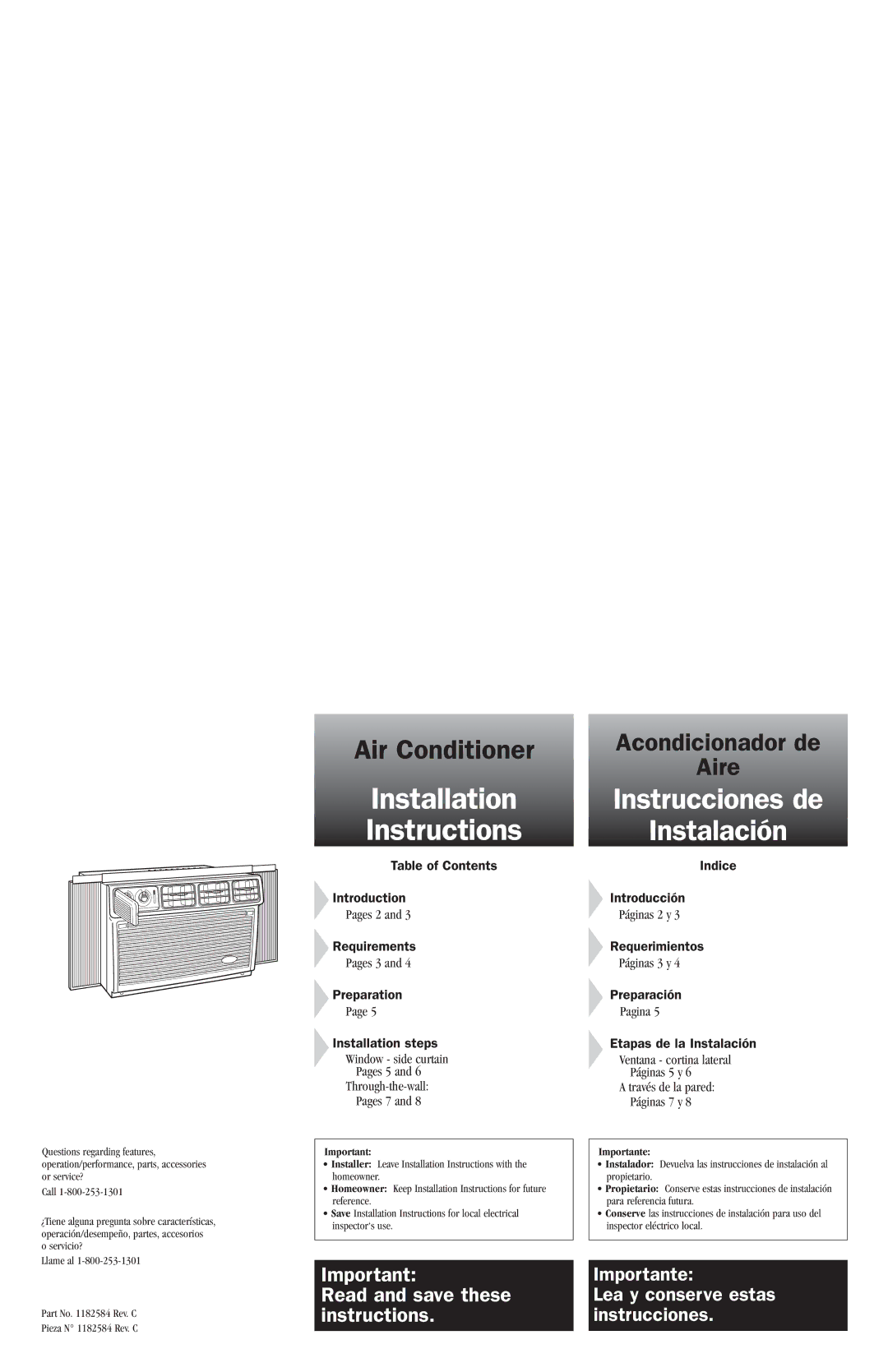 Whirlpool ACE082XH0 manual Installation Instructions 