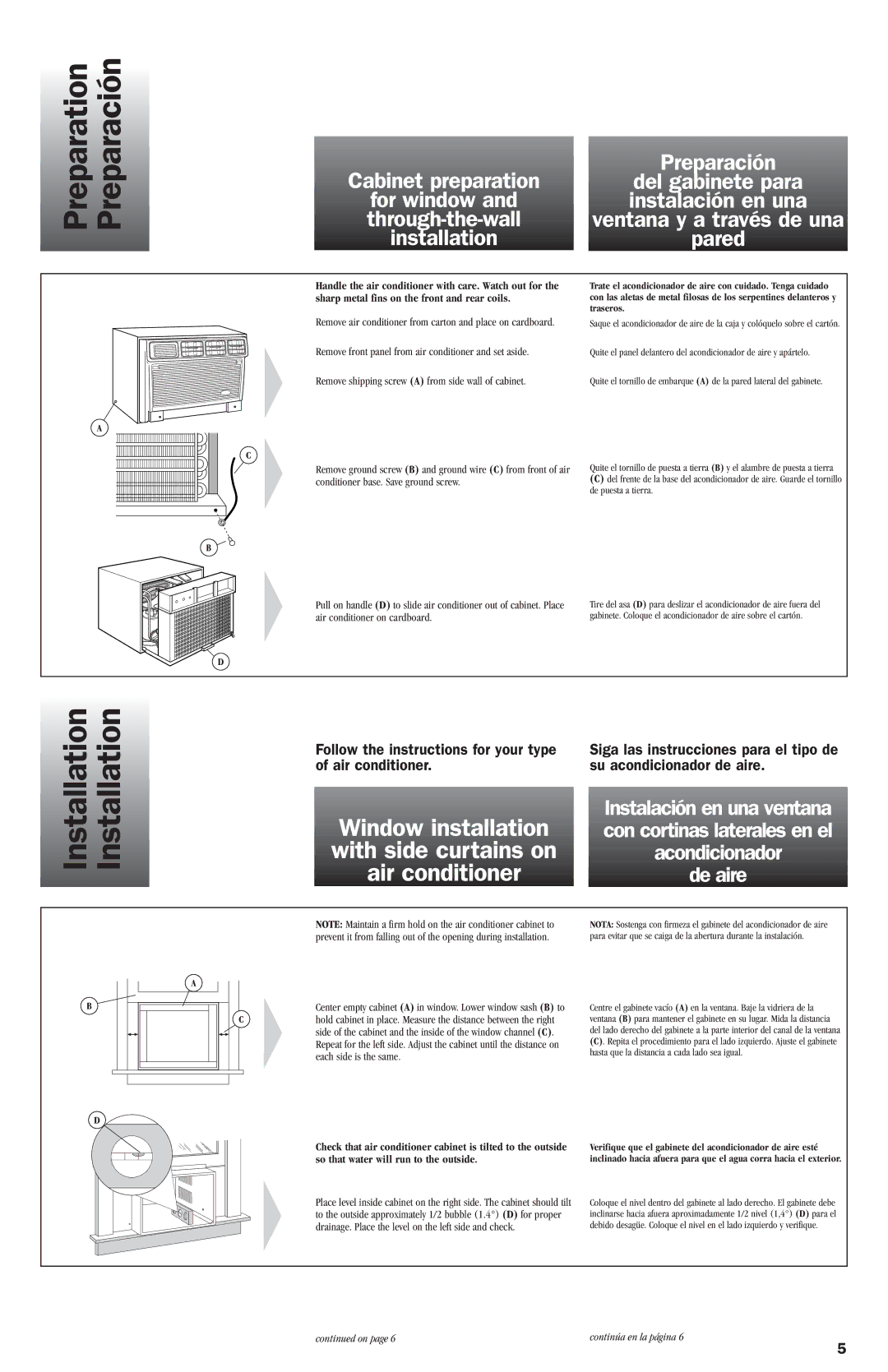 Whirlpool ACE082XH0 manual Preparation Preparación Installation 