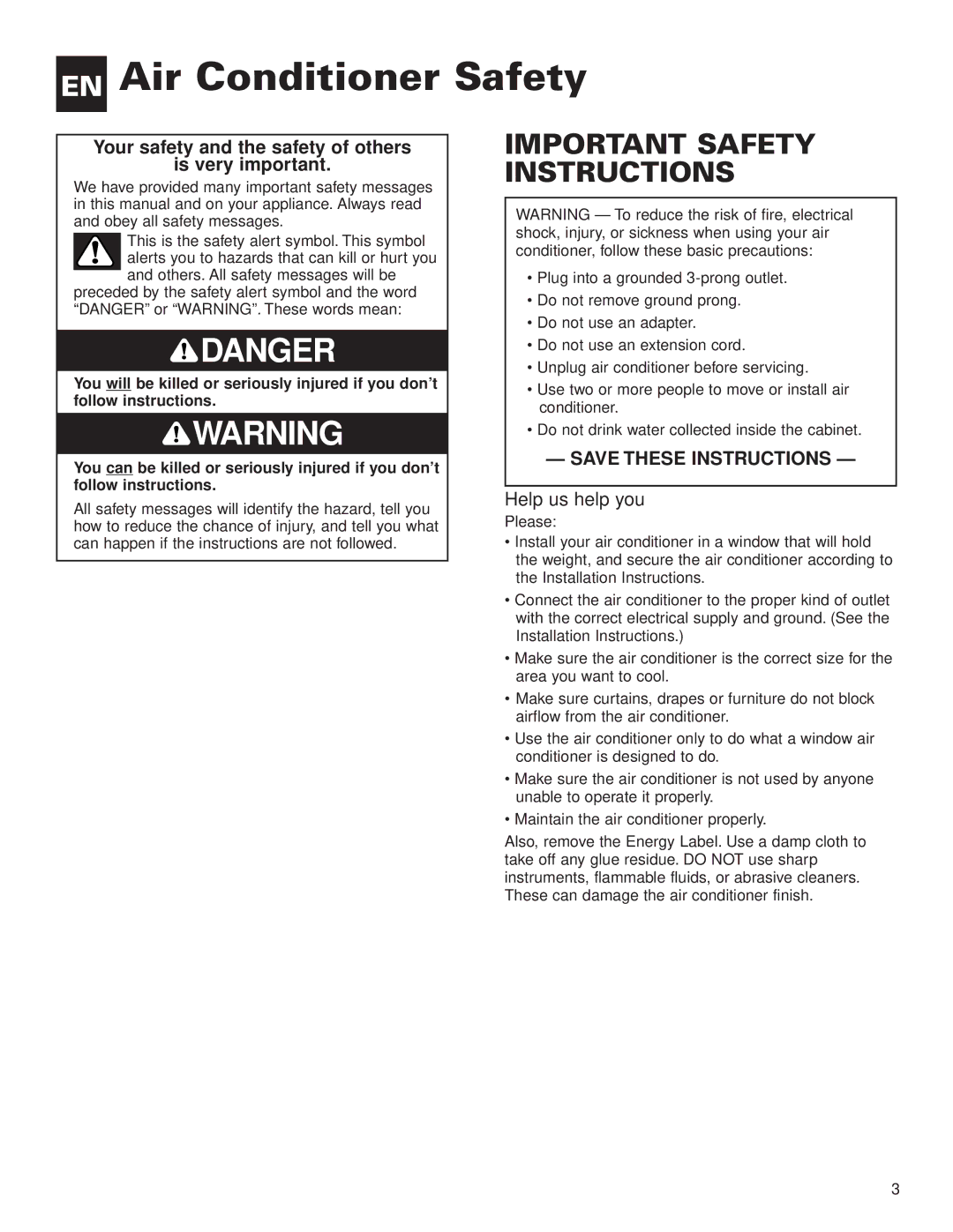 Whirlpool ACE082XH0 manual EN Air Conditioner Safety, Help us help you 