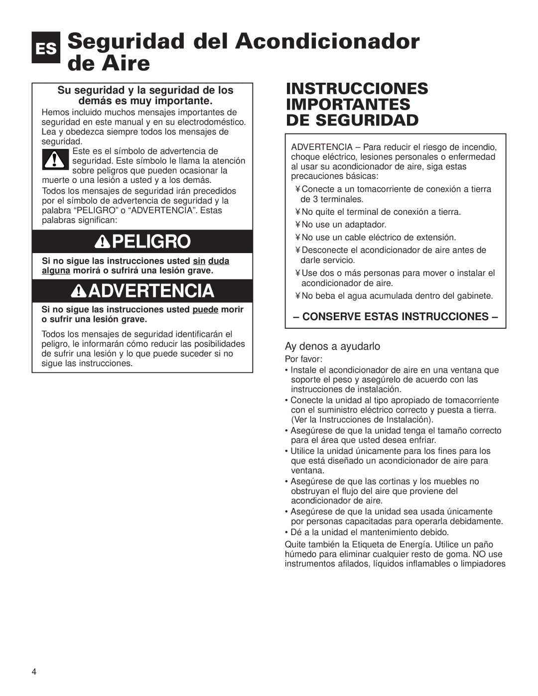 Whirlpool ACE082XH0 manual ES Seguridad del Acondicionador de Aire, Ayúdenos a ayudarlo 