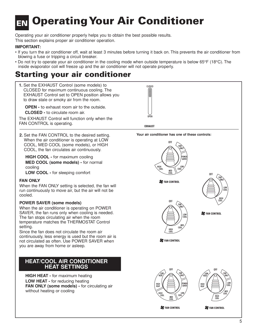 Whirlpool ACE082XH0 manual EN Operating Your Air Conditioner, Starting your air conditioner, Power Saver some models 