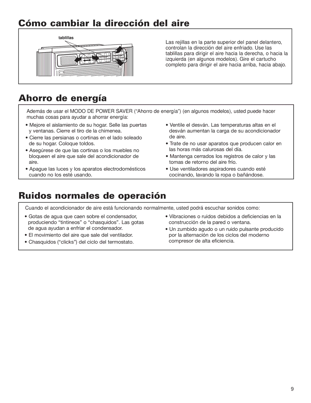 Whirlpool ACE082XH0 manual Cómo cambiar la dirección del aire, Ahorro de energía, Ruidos normales de operación 