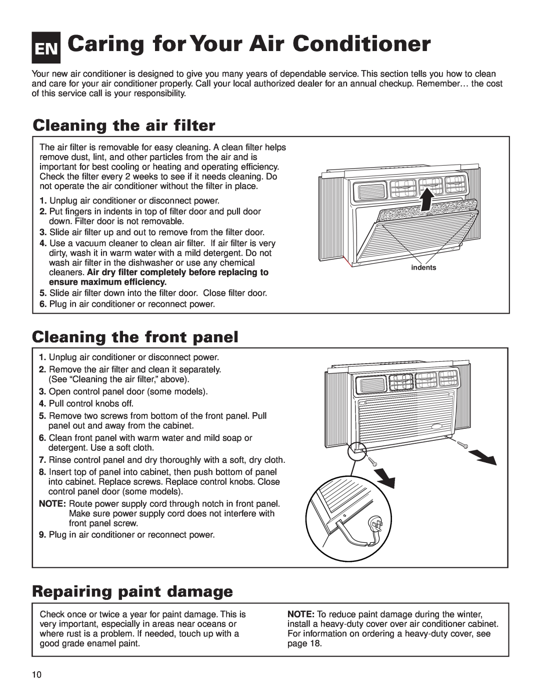 Whirlpool ACE082XH0 manual EN Caring for Your Air Conditioner, Cleaning the air filter, Cleaning the front panel 