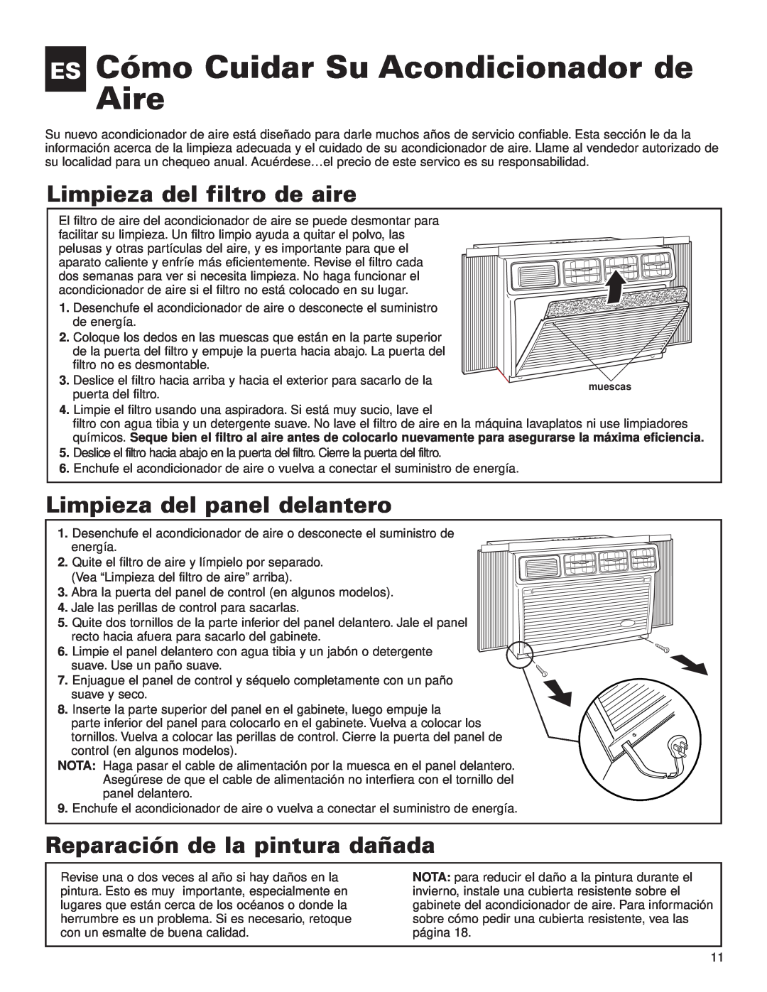 Whirlpool ACE082XH0 ES Cómo Cuidar Su Acondicionador de Aire, Limpieza del filtro de aire, Limpieza del panel delantero 