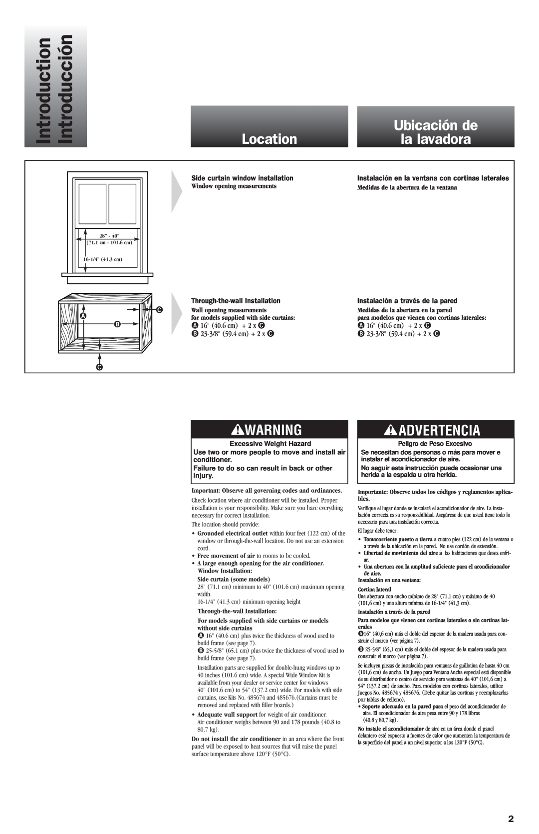 Whirlpool ACE082XH0 manual Introduction, Introducción, Location, Ubicación de, la lavadora, Advertencia, 16 40.6 cm + 