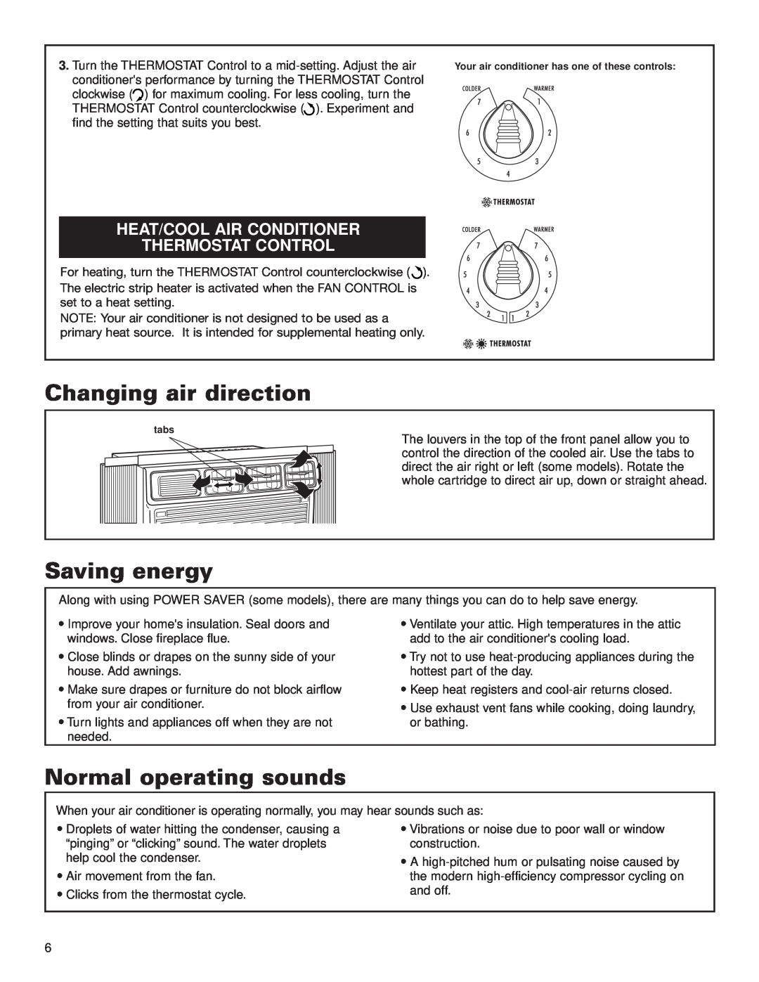 Whirlpool ACE082XH0 manual Changing air direction, Saving energy, Normal operating sounds 